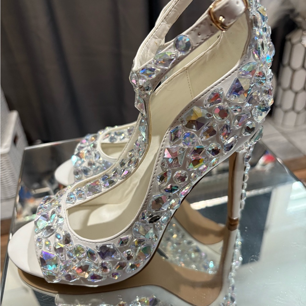 Privileged White Crystal Embellished T-Strap Heels